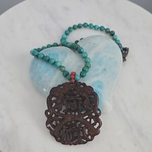 Vintage Turquoise Beaded Necklace with Brown Soap StonePendant.
